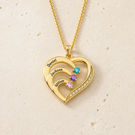 Gold tone family heart necklace with three engraved names and matching birthstones