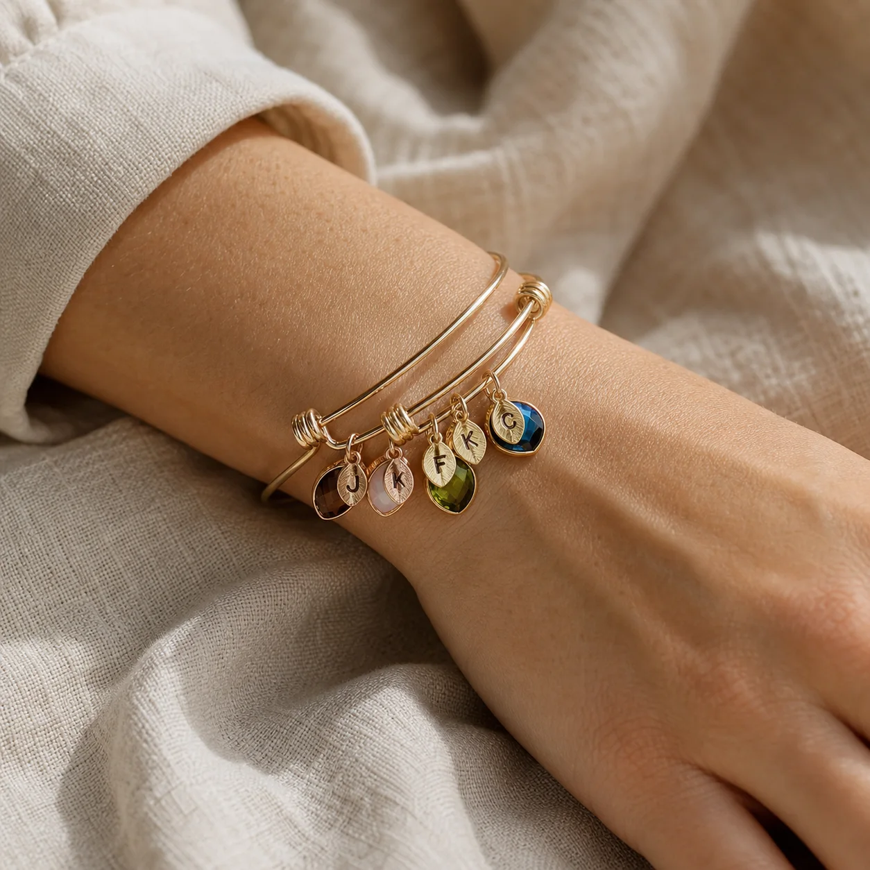 Family Branch Birthstone Bangle worn on the wrist
