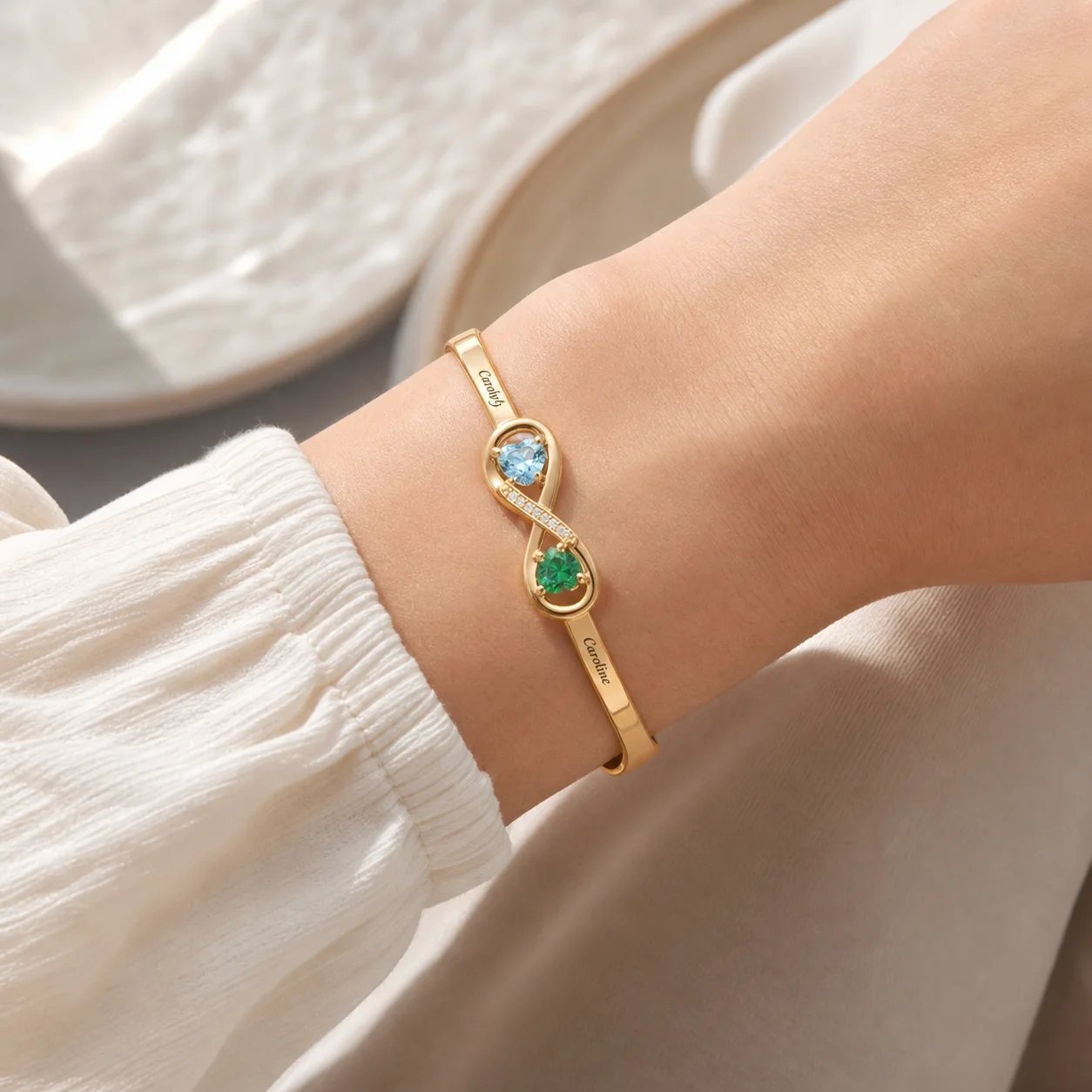 Open Heart Birthstone Cuff worn on the wrist