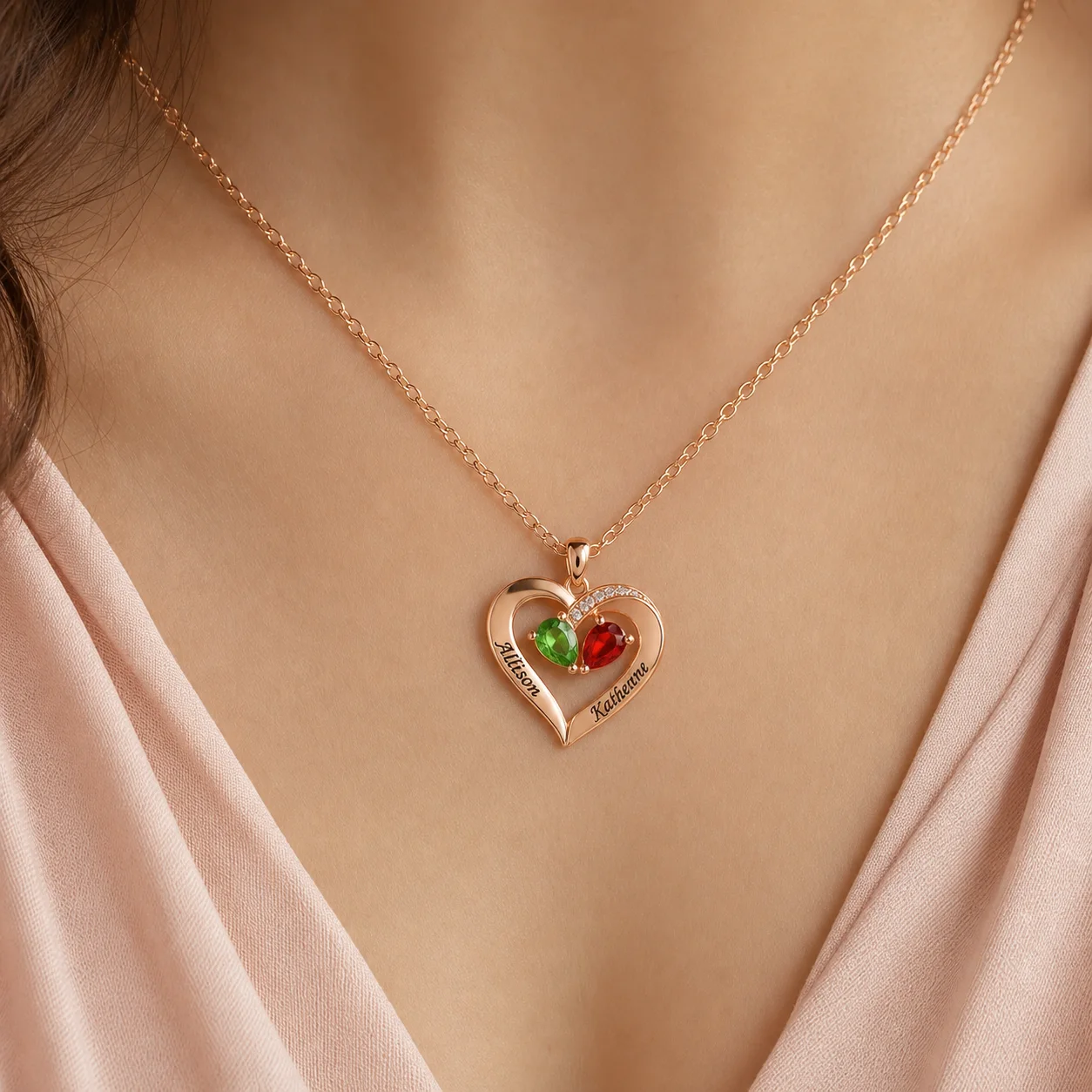 Two-Tone Teardrop Story Necklace worn at the neckline