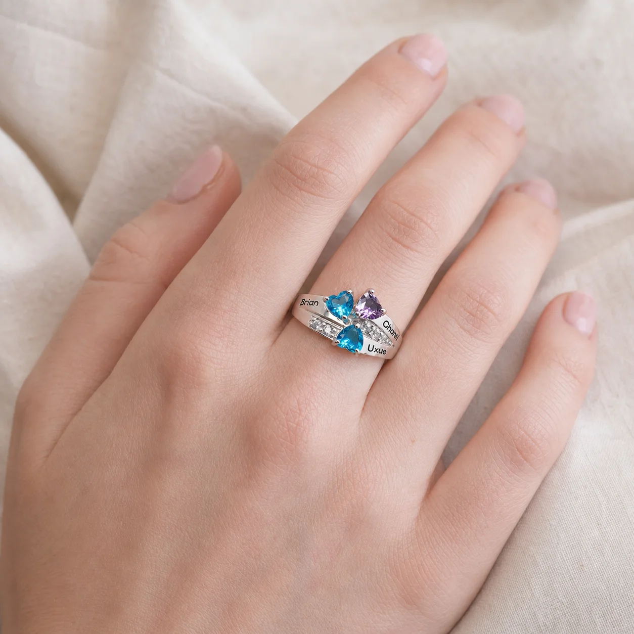 Family name ring showing colored birthstone details