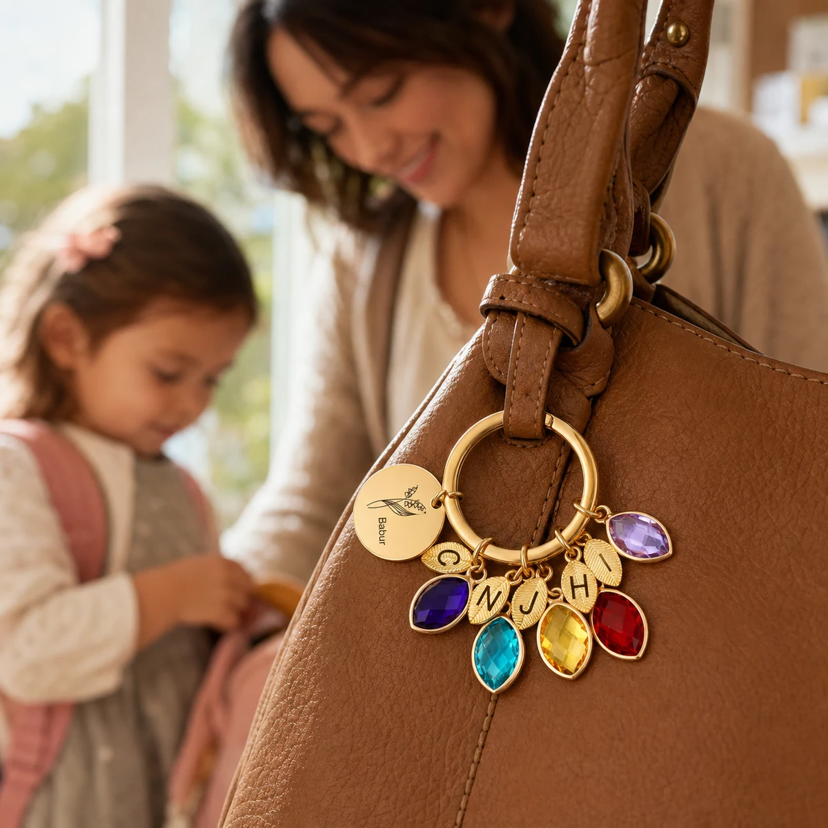 Personalized Family Branch keyring attached to a mother’s handbag while she prepares to leave with her child