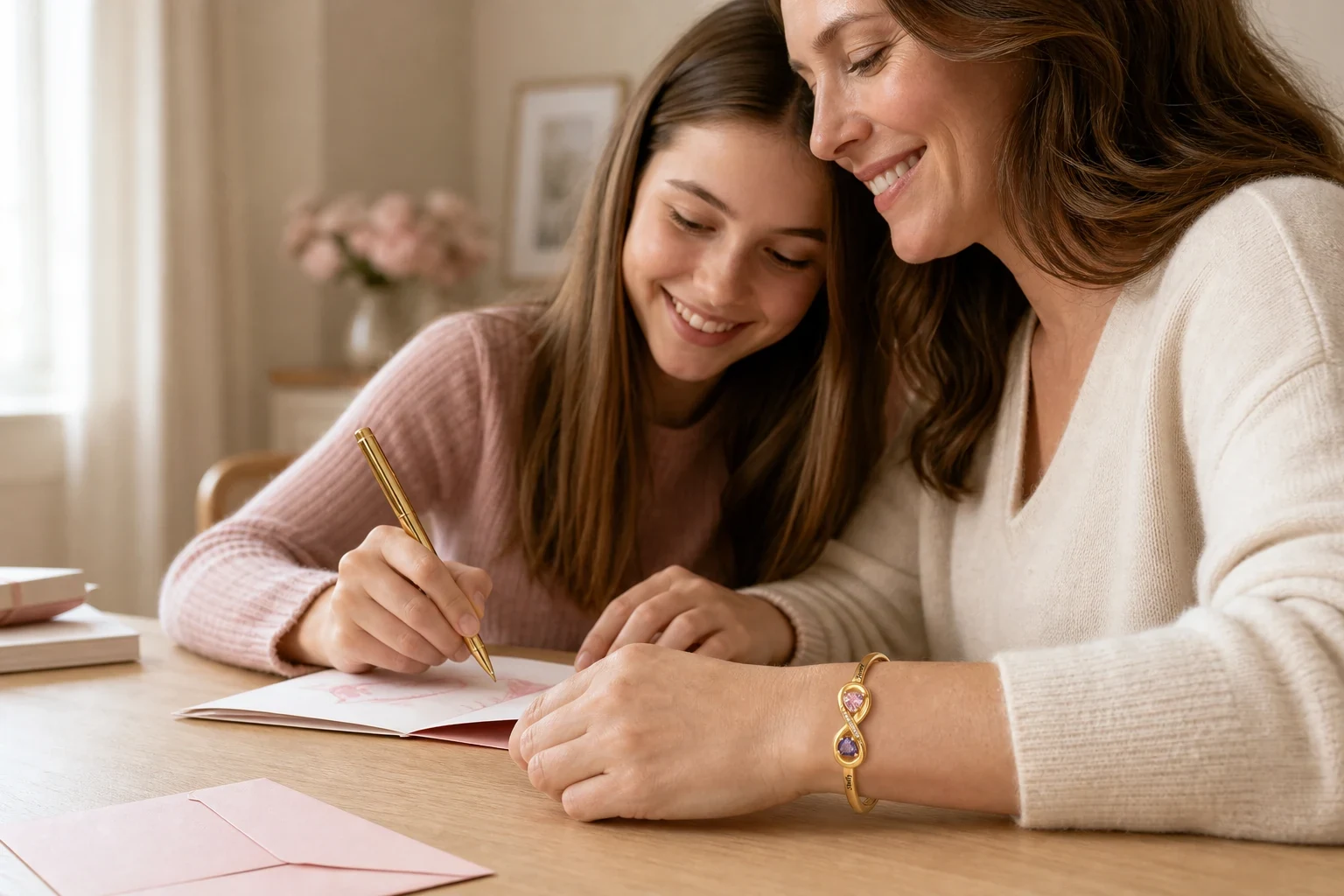 Mother wearing the Open Heart Birthstone Cuff while making a card with her daughter
