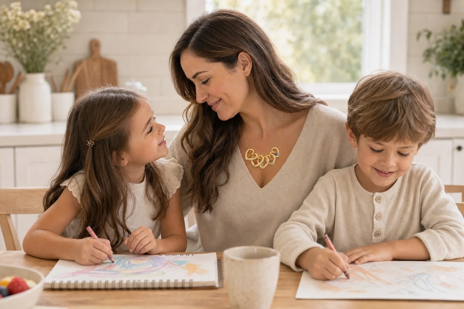 Mother wearing the five-heart engraved Twisted Heart Birthstone Necklace while drawing with her two children at the kitchen table