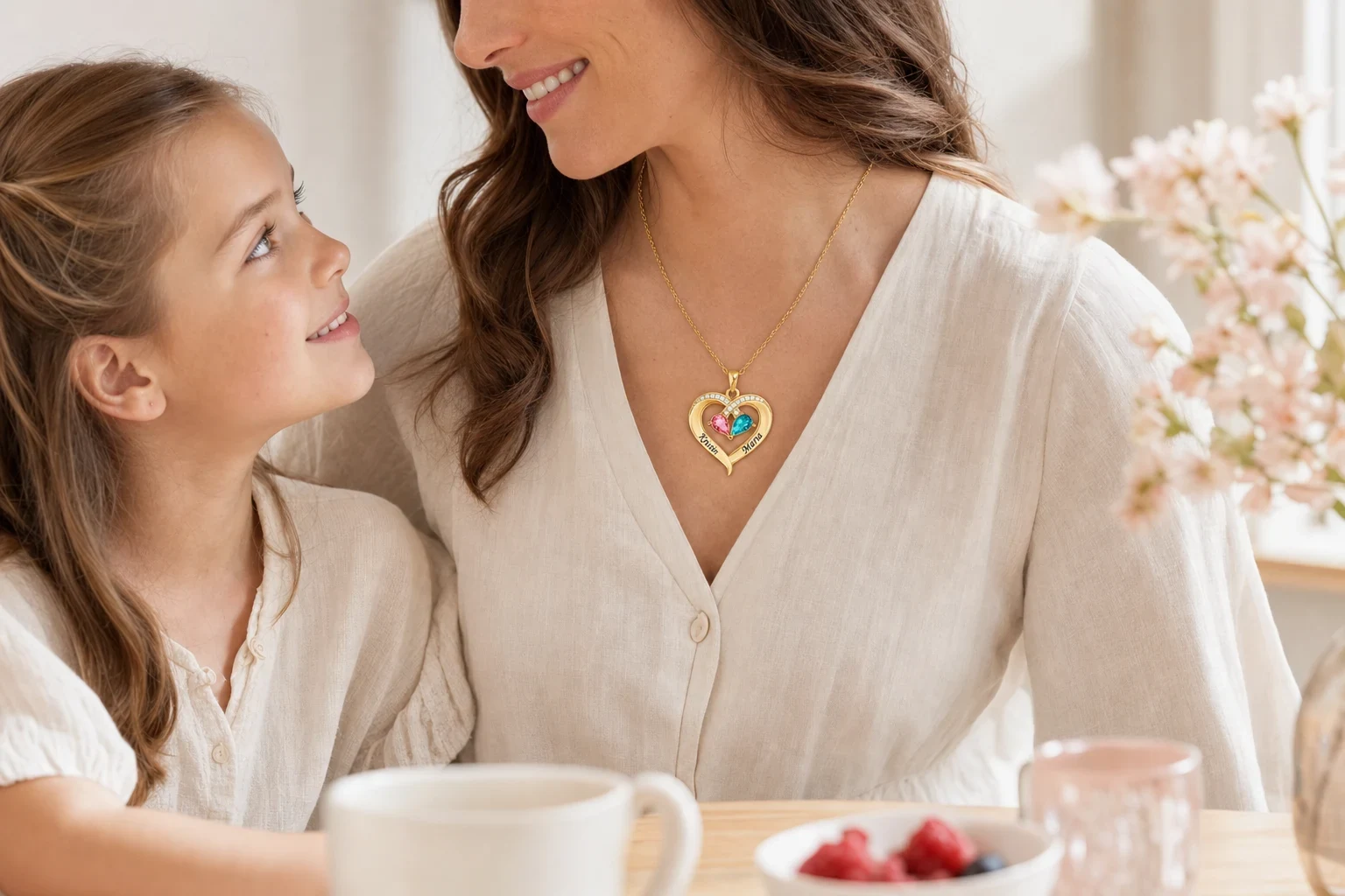 Mother wearing an engraved family heart necklace beside her daughter