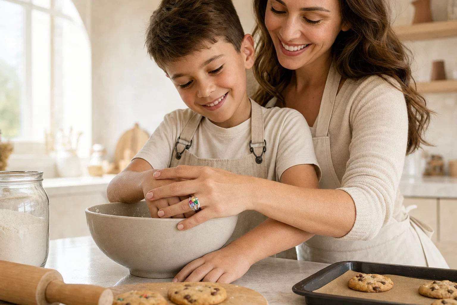 Mother wearing a personalized family ring during an everyday moment with her child