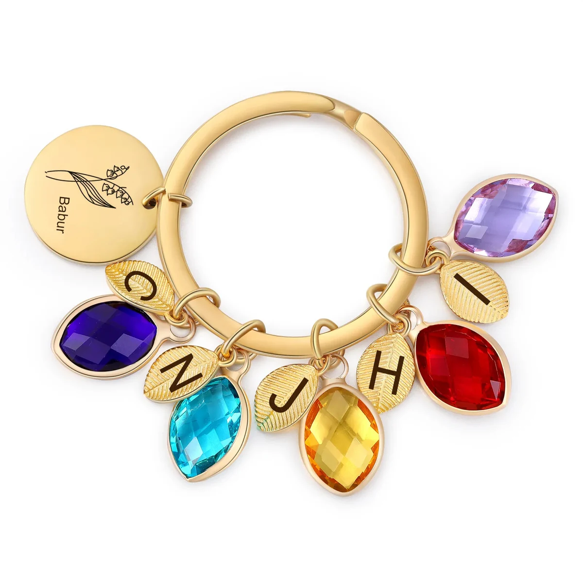 Gold Family Branch keyring fully assembled with engraved center disc, five name leaves, and five birthstones