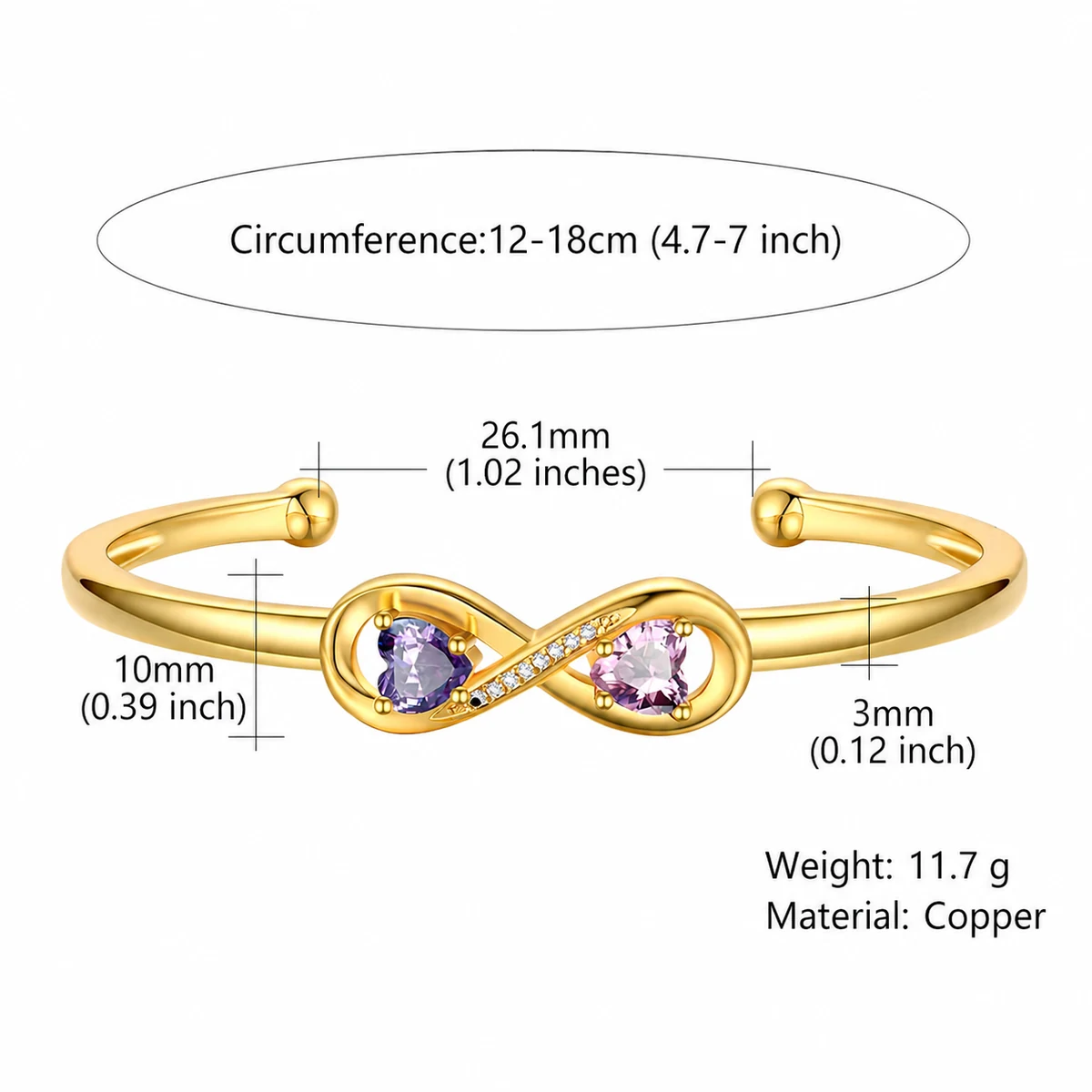 Open Heart Birthstone Cuff showing circumference, centerpiece width, band width, weight, and copper material