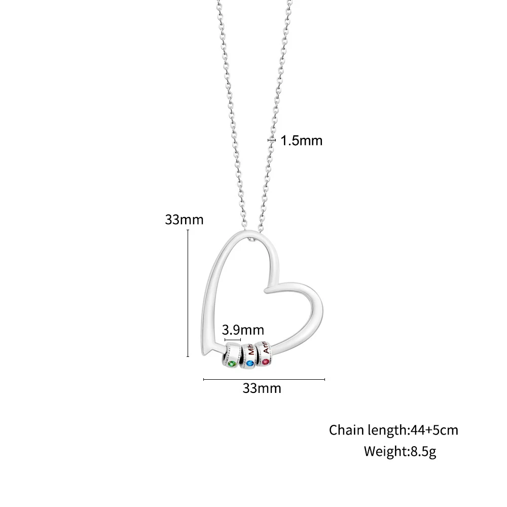 Classic Gathered Hearts Name Necklace showing 33 mm heart, 3.9 mm beads, chain width, length, and weight