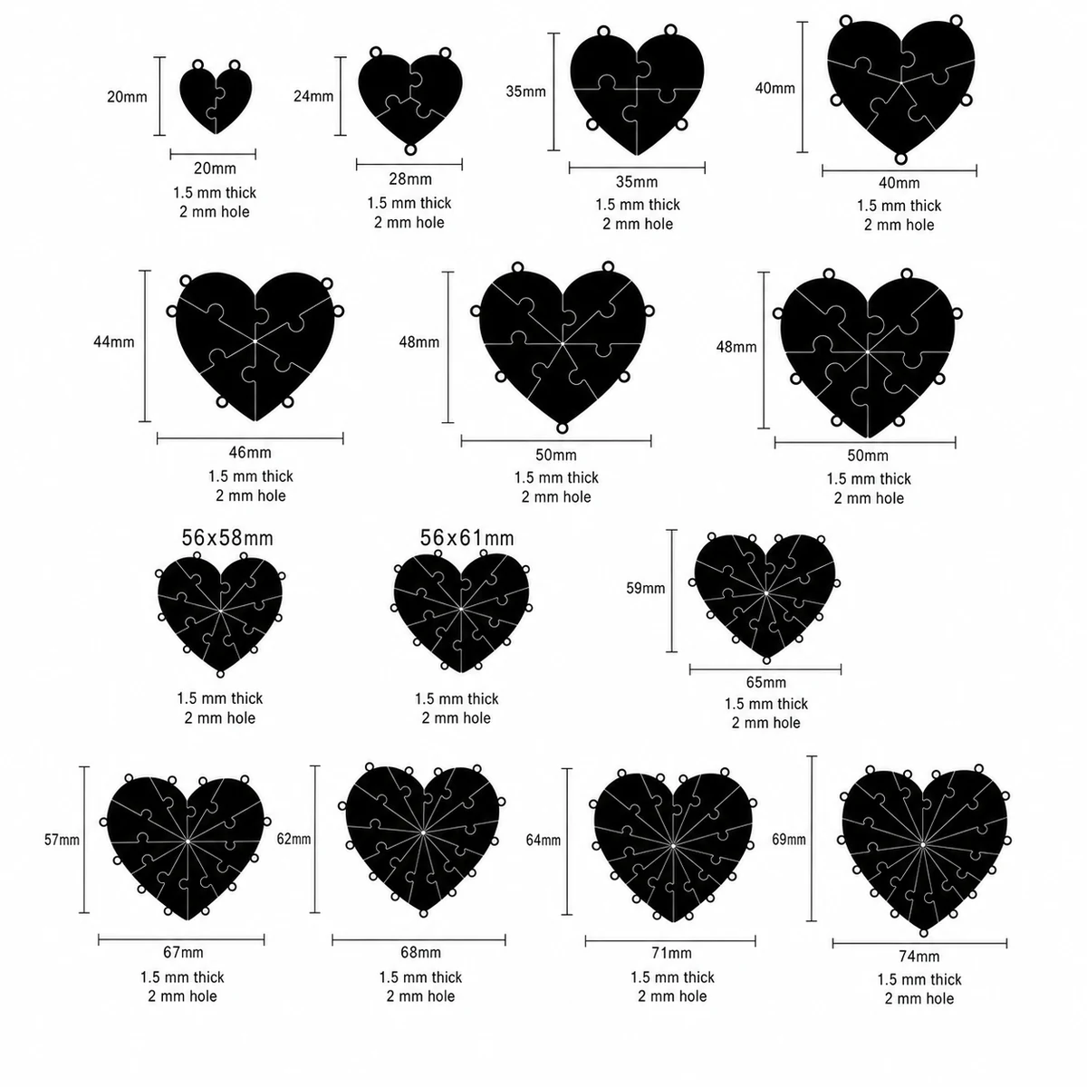 English Together Heart Puzzle Necklace size chart showing the heart dimensions for multiple piece counts