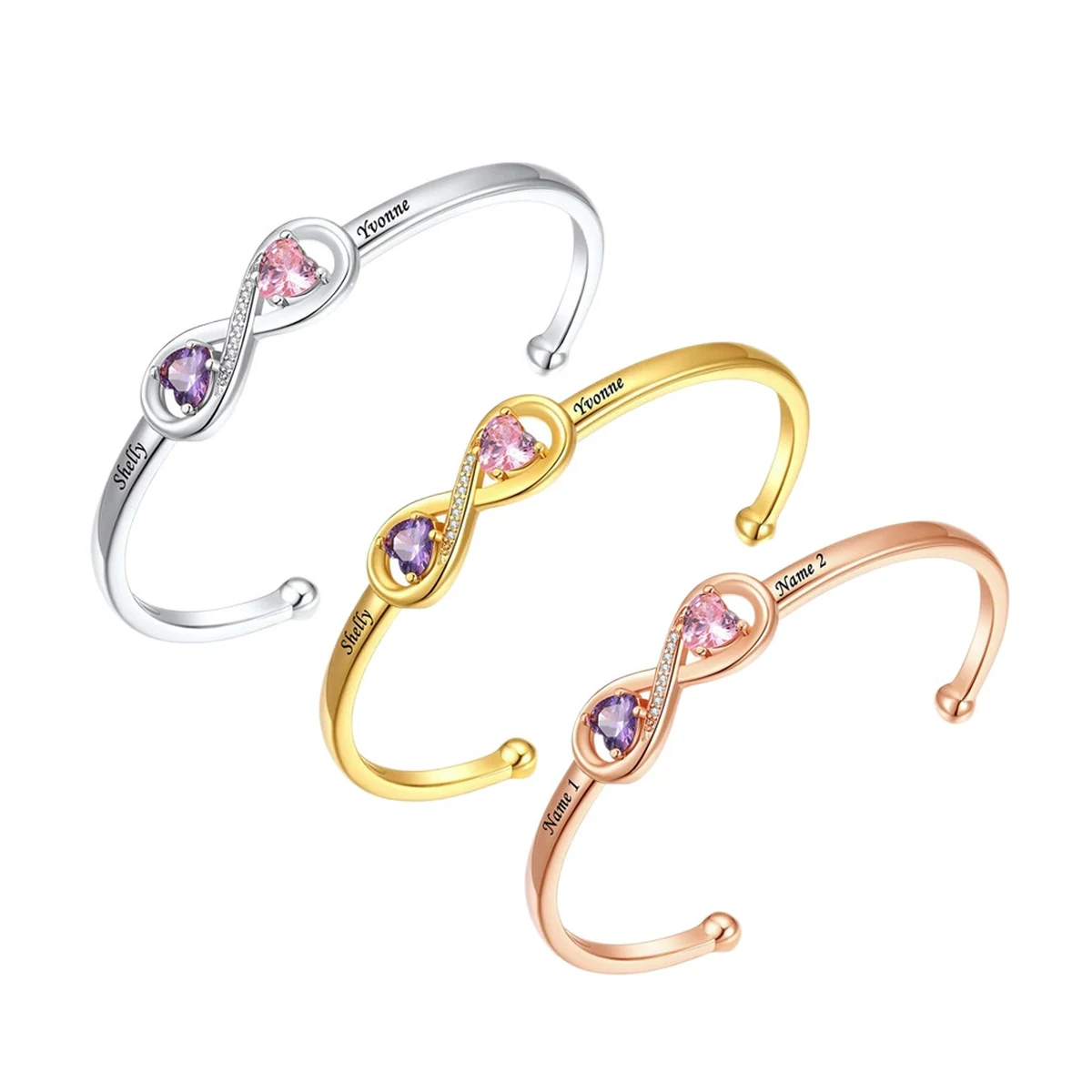 Open Heart Birthstone Cuff in stainless-steel, gold, and rose-gold tones