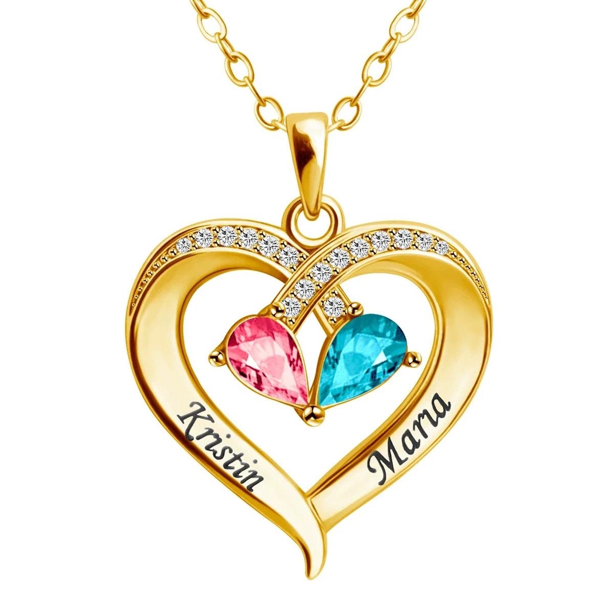 Two-Tone Teardrop Story Necklace showing engraved names on the lower ribbons and two heart-shaped birthstones