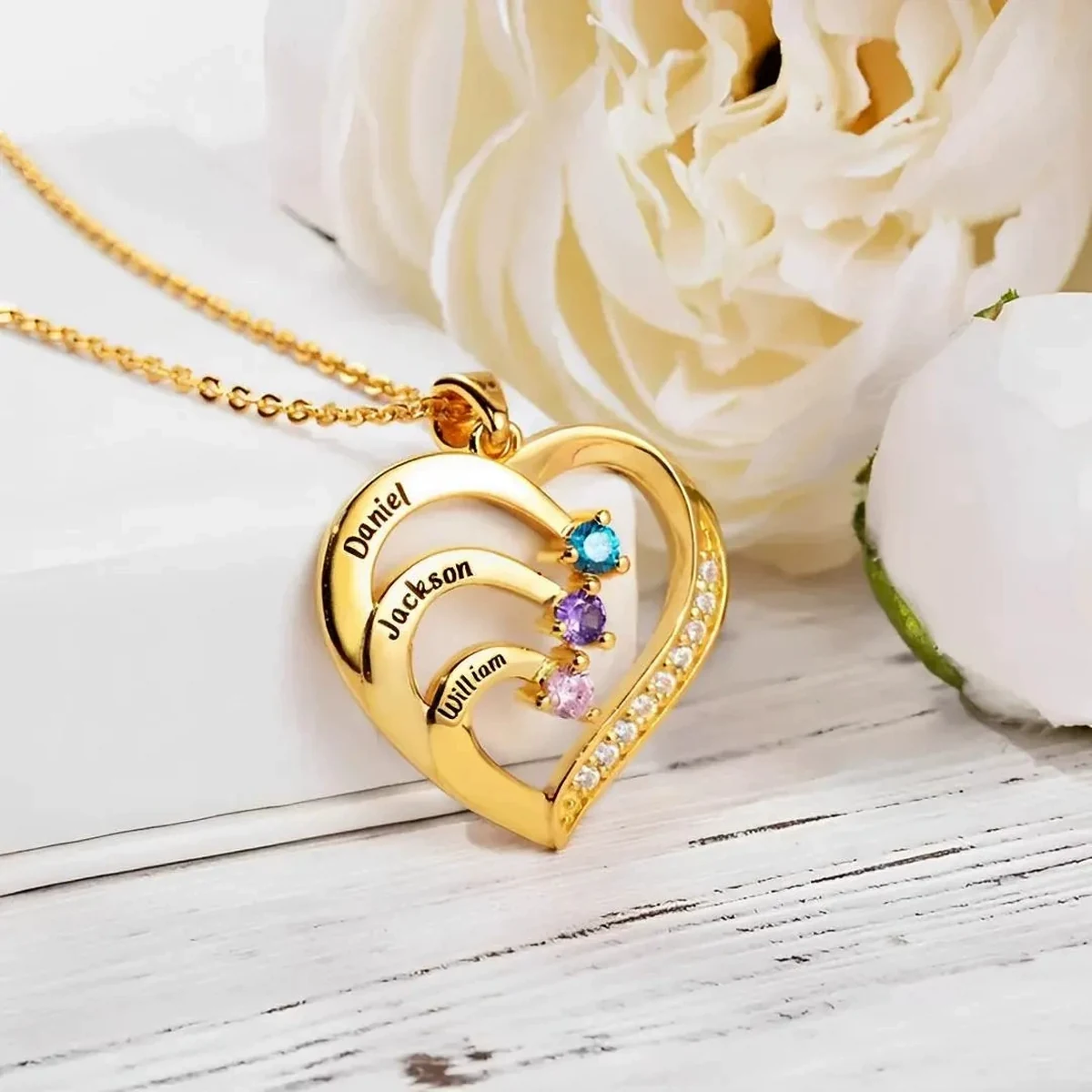 Gold Family Embrace Heart Necklace with three engraved names