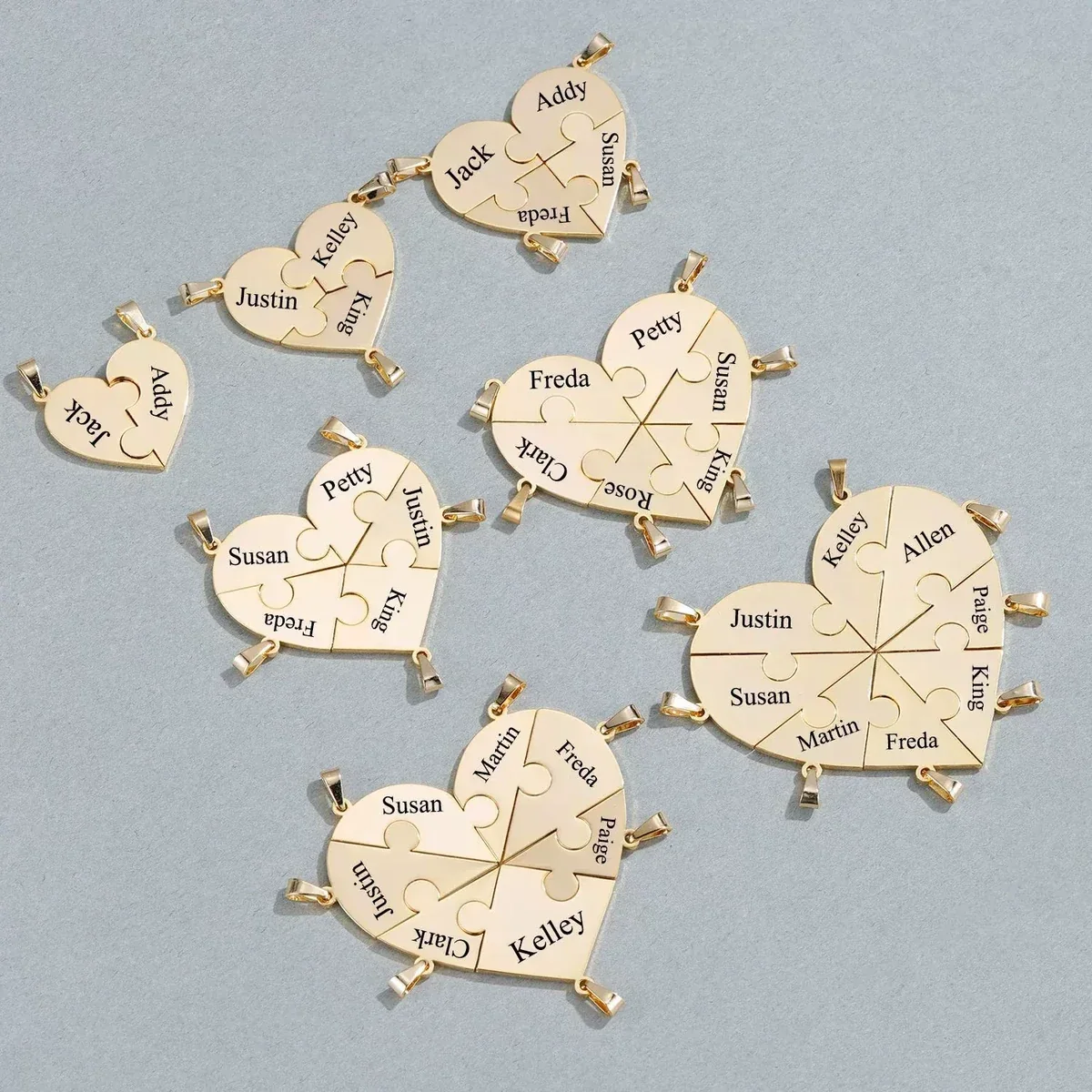 Together Heart Puzzle Necklace shown in several multi-piece configurations