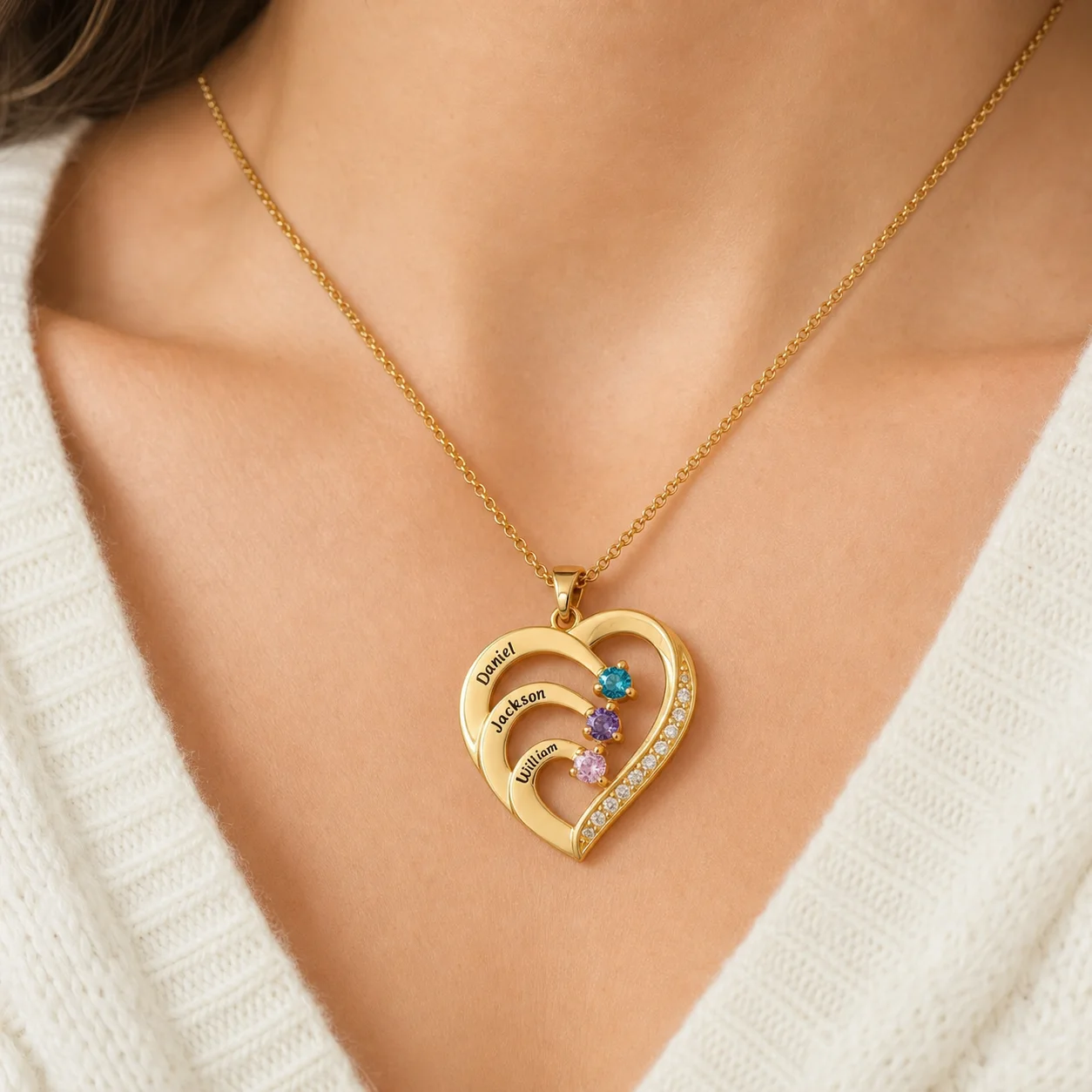 Personalized family heart necklace with engraved names and birthstones