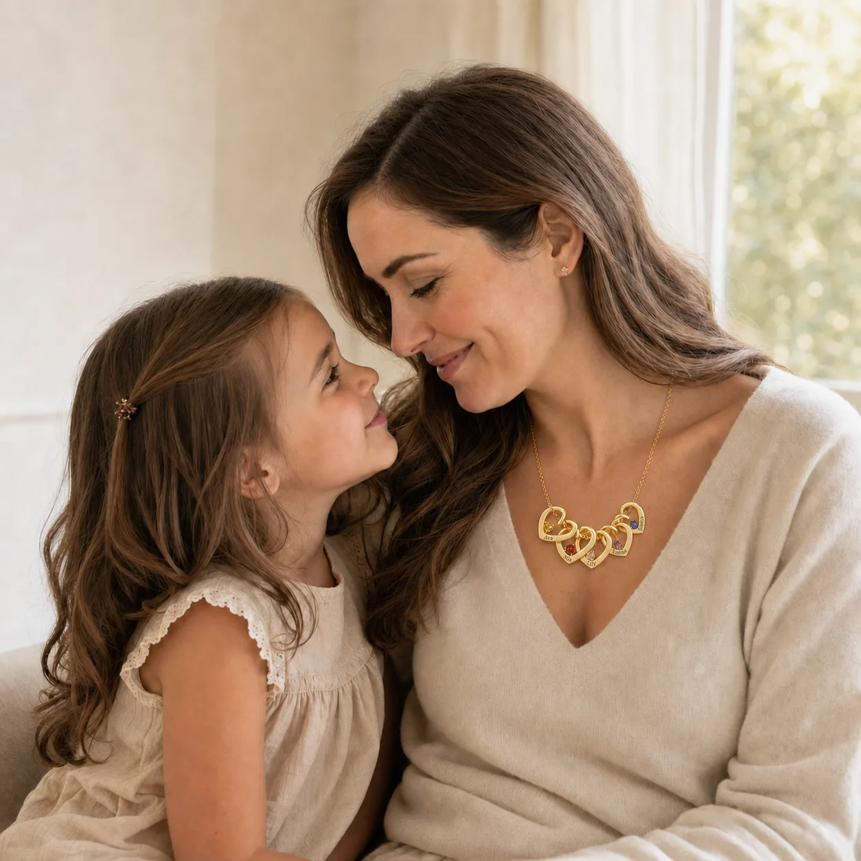 Mother and daughter together while the mother wears an engraved five-heart birthstone necklace