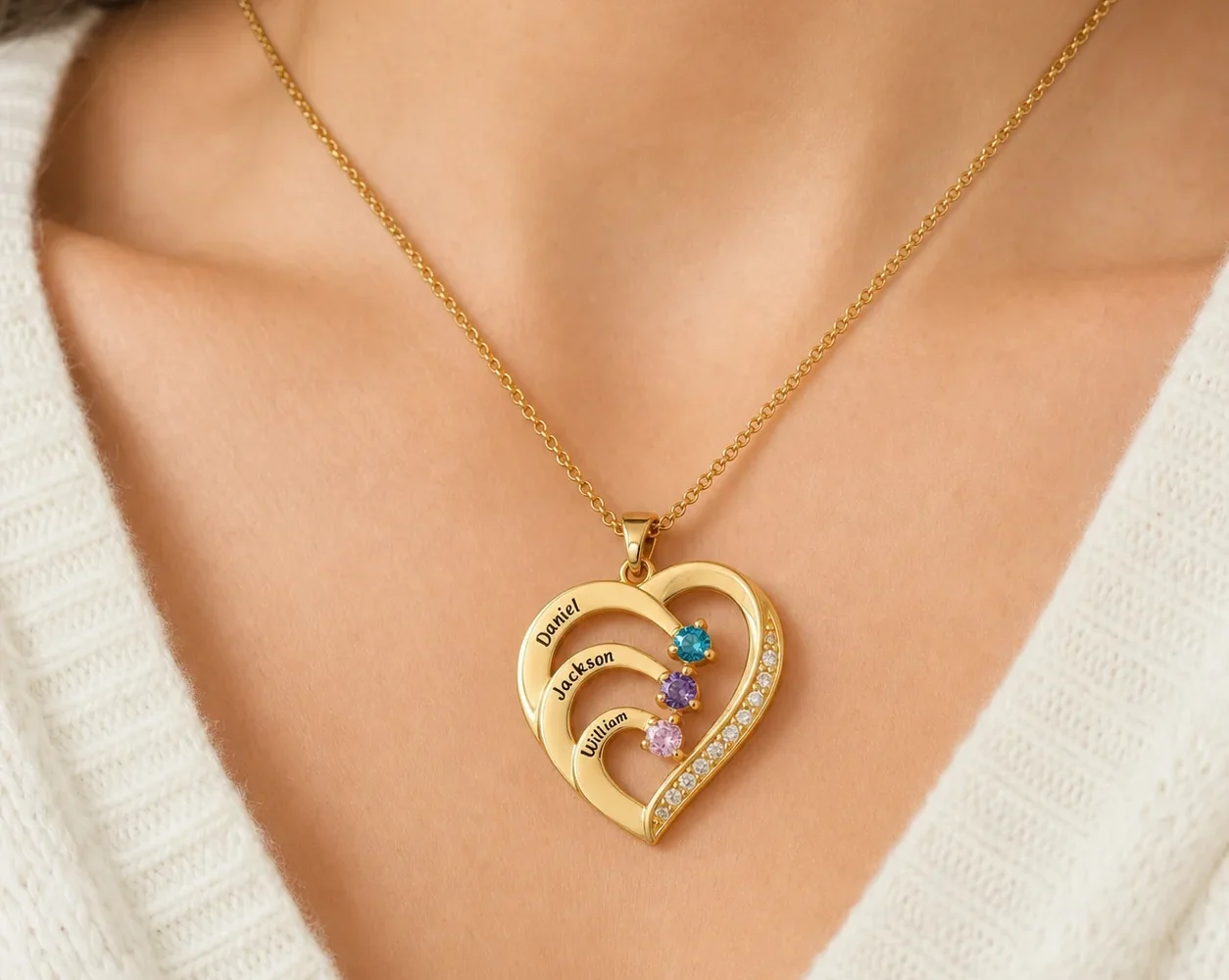 Family heart necklace engraved with three names and set with matching birthstone colors