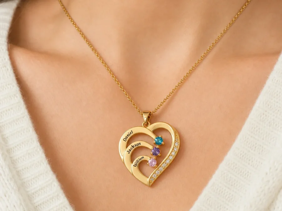 Family heart necklace engraved with three names and set with matching birthstone colors