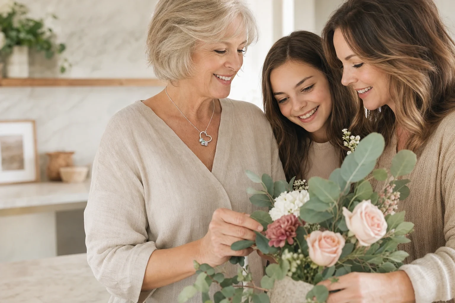 Three generations together with a family name necklace designed for several engraved name beads