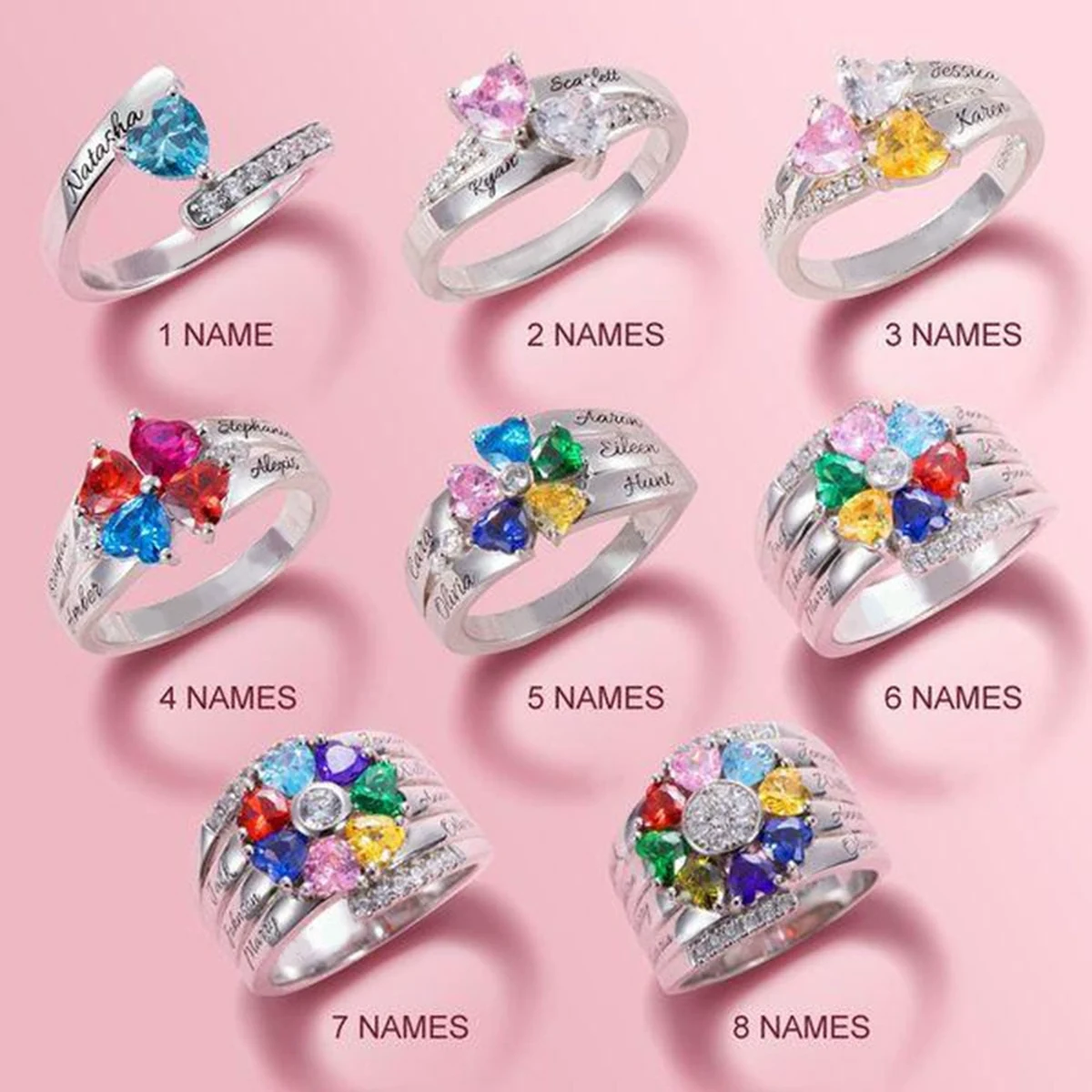 Personalized ring configurations showing one through eight engraved names and birthstones