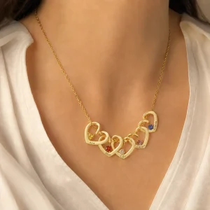 Gold twisted heart necklace with engraved family names and birthstones